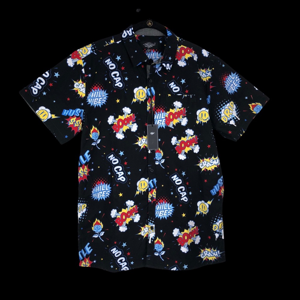 Eighty Eight Boys Graphic Button Down Shirt Collared SZ 18 Black with Graphics